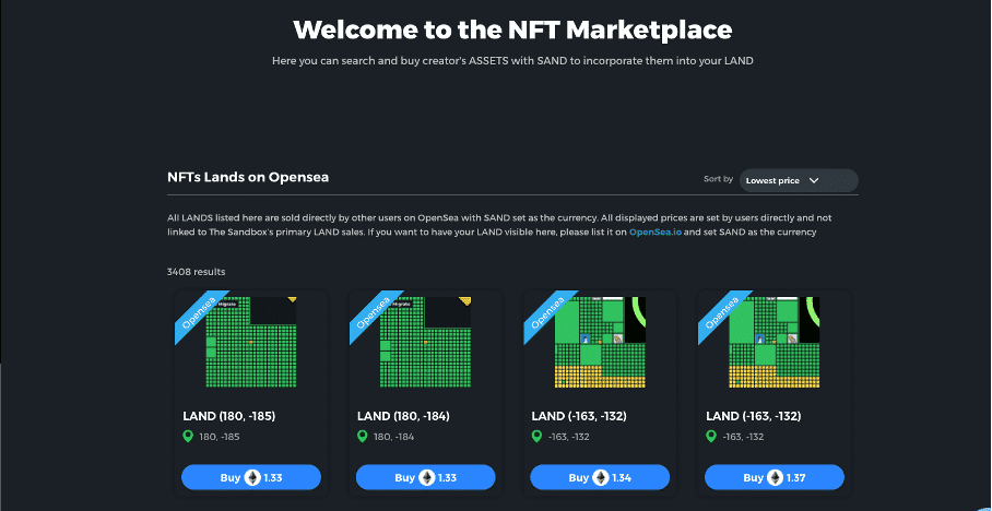 exemple de parcelles sur marketplace The Sandbox